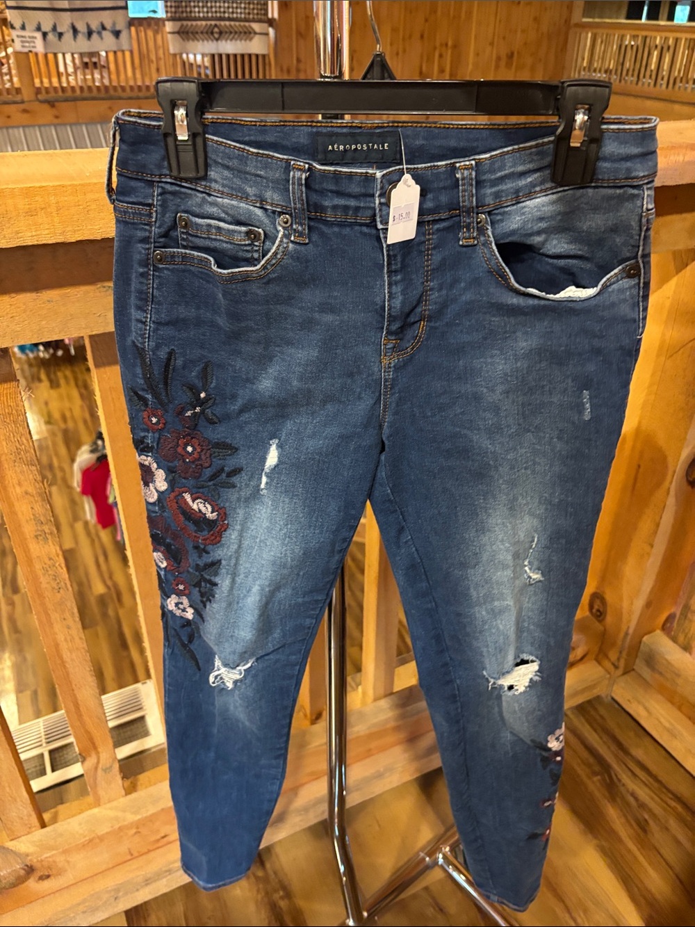 Aeropostale Dark Blue Distressed Cropped Jeans with Floral Embroidery